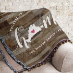 Martha's Vineyard Home Town Personalised Wood Look Throw Blanket<br><div class="desc">Show some hometown pride with this cute rustic faux wood plank throw blanket featuring "home" in white calligraphy script lettering with a silhouette map of Martha's Vineyard standing in for the letter "O." A pink heart illustration inside the state map completes the design; you can change the position of the...</div>