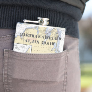 Martha's Vineyard Latitude Longitude Nautical Hip Flask