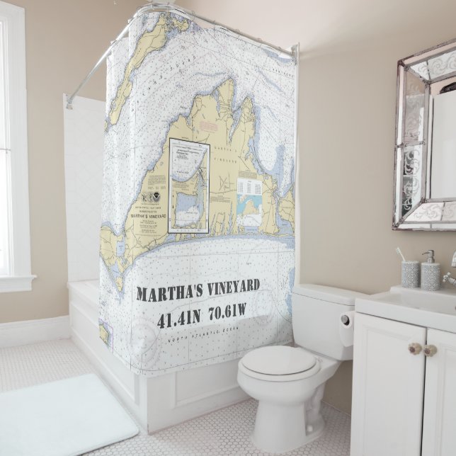 Martha's Vineyard Latitude Longitude Nautical Shower Curtain (In Situ)