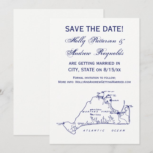 Martha's Vineyard Vintage Map #1 Navy Blue Invitation (Front/Back)