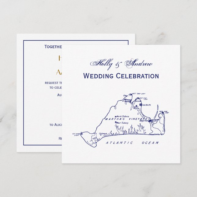 Martha's Vineyard Vintage Map #1 Navy Blue Invitation (Front/Back)