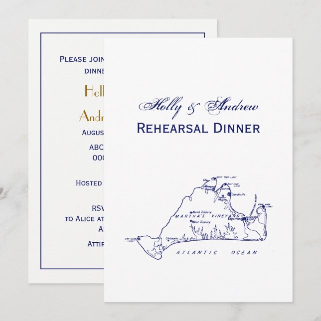 Martha's Vineyard Vintage Map #1 Navy Blue Invitation (Front/Back)