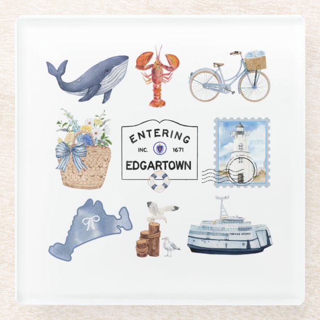 Martha's Vineyard Watercolor Icons Glass Coaster (Front)