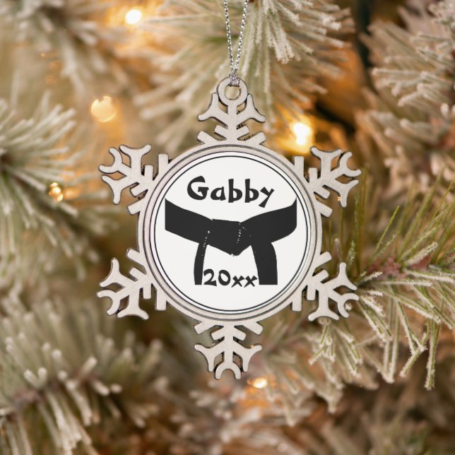 Martial Arts Black Belt Dated Snowflake Pewter Christmas Ornament (Tree)