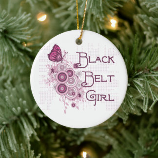 Martial Arts Black Belt Girl Pink Butterflies Ceramic Tree Decoration