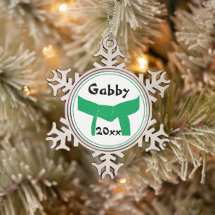 Martial Arts Green Belt Dated Snowflake Pewter Christmas Ornament