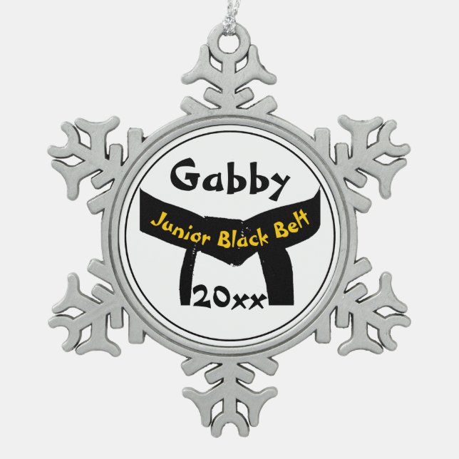 Martial Arts Junior Black Belt Dated Snowflake Pewter Christmas Ornament (Front)