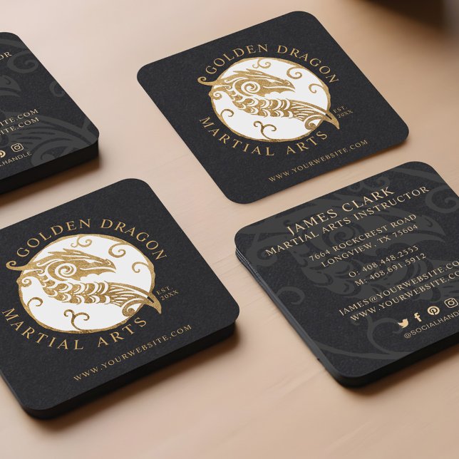 Martial Arts/Karate Golden Dragon Medallion Logo Square Business Card (Martial Arts/Karate Golden Dragon Medallion Logo Square Business Card)