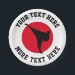 Martial arts kid's karate Birthday party plates<br><div class="desc">Martial arts kid's karate Birthday party plates. Paper party supplies for themed Birthday party. Disposable fun dinner party supplies printed for children, instructor, teacher, sports club etc. Personalised text and customisable background colour. Add personalised name, school name, funny quote, slogan or monogram. Red hot rising sun with silhouette of fighter....</div>