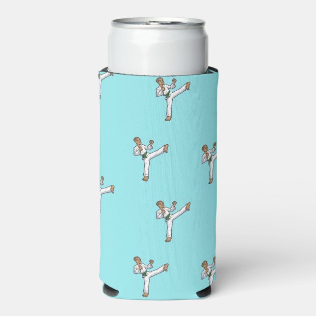 Martial arts master pattern on blue seltzer can cooler (Seltzer Front)