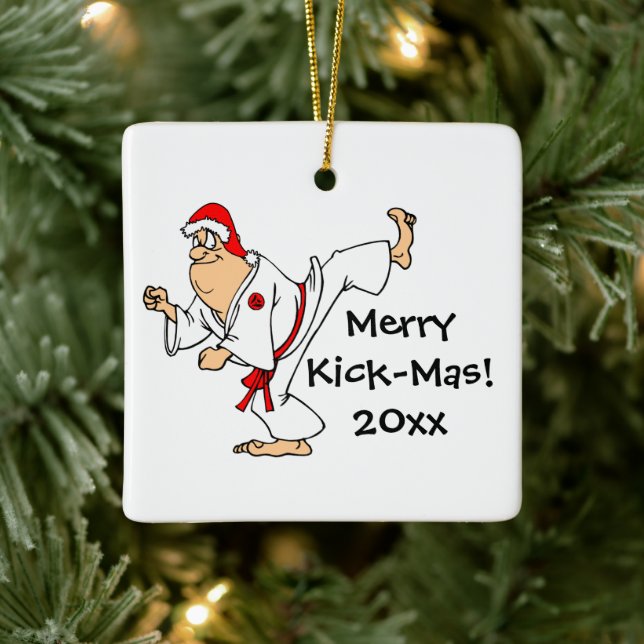 Martial Arts Merry Kick-Mas Christmas Dated Ceramic Ornament (Tree)