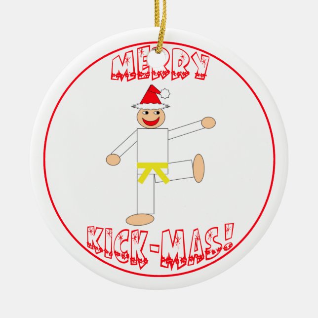 Martial Arts Merry Kick Mas Yellow Belt Ceramic Tree Decoration (Front)