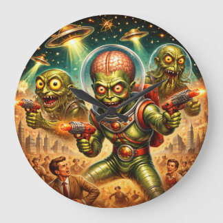 Martian Mayhem Retro Sci-Fi Large Clock