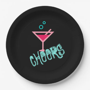 Martini - Alcohol Drink Pop Art, Pink & Turquoise Paper Plate