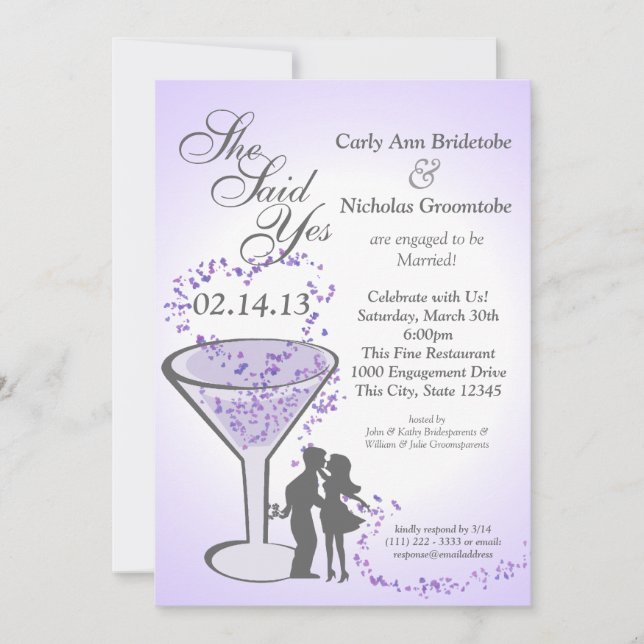 Martini and Hearts Engagement Purple Invitation (Front)