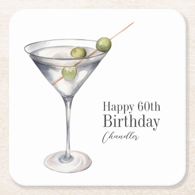 Martini Cocktail 60th Birthday Party Square Paper Coaster (Front)