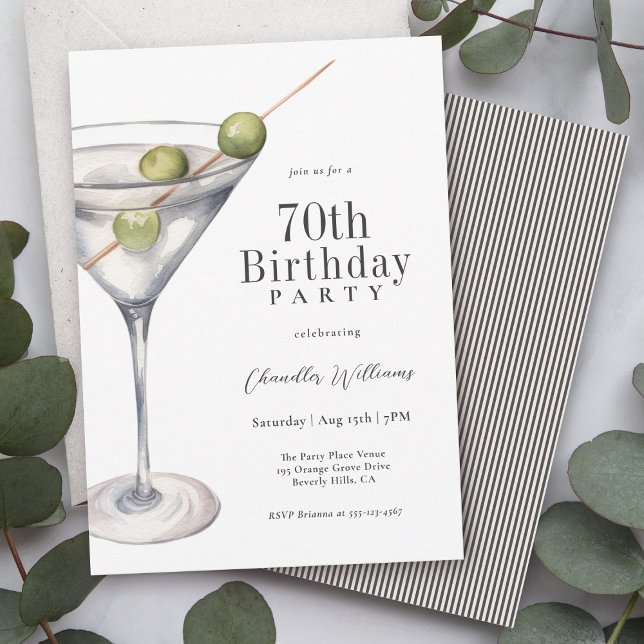 Martini Cocktail 70th Birthday Party Invitation (Available in both printed and instant download digital formats.)