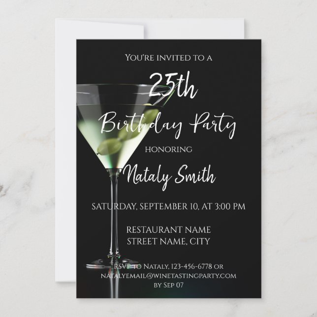 Martini cocktail on black invitation (Front)
