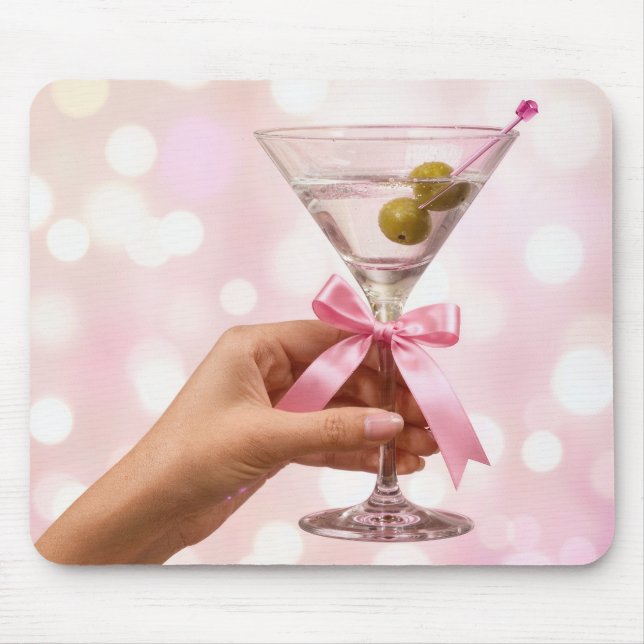 Martini Cocktail with Pink Satin Bow Mouse Mat (Front)