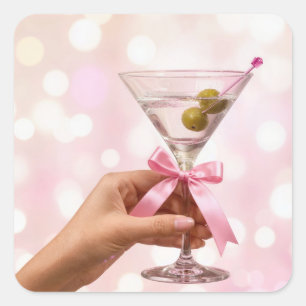 Martini Cocktail with Pink Satin Bow Square Sticker