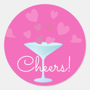 Martini Glass and Pink Hearts cheers Classic Round Sticker