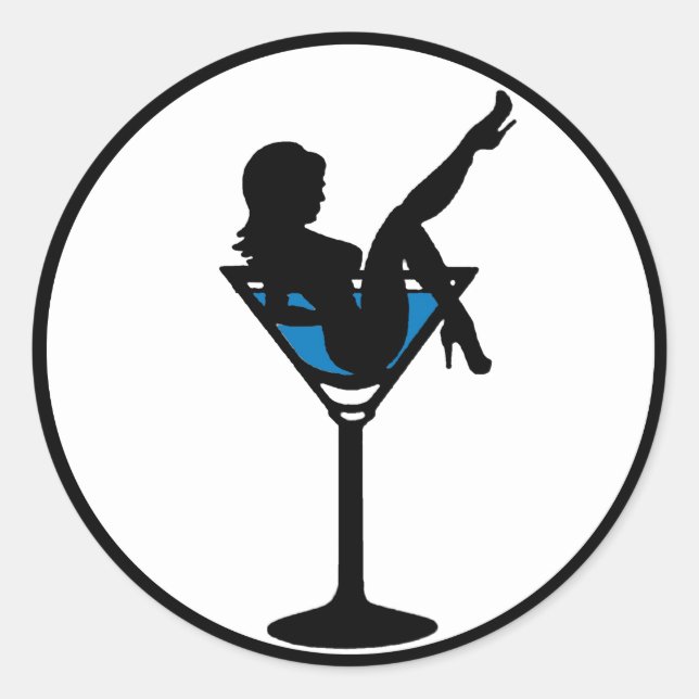 Martini glass girl silhouette blue drink stickers (Front)