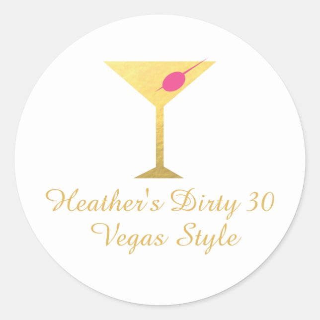Martini Glass Pink and Faux Gold Foil Classic Round Sticker (Front)