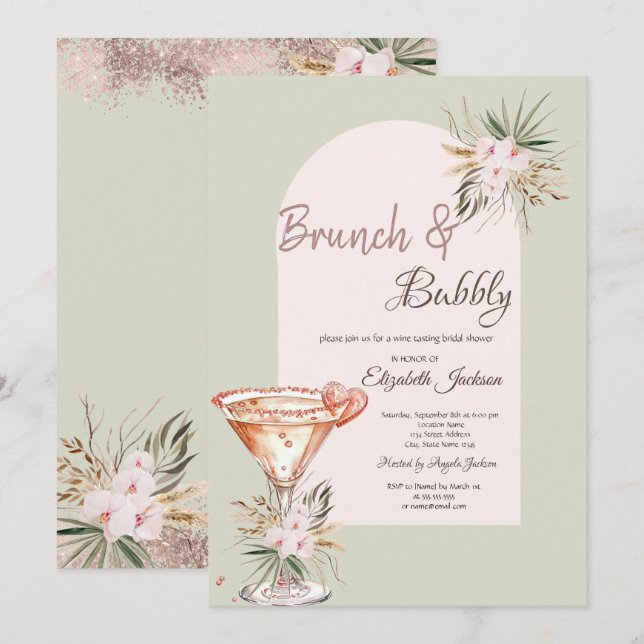 Martini Heart Boho Flowers Brunch & Bubbly Invitation (Front/Back)