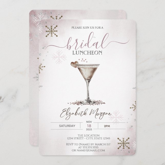 Martini Heart Snowflakes Bridal Luncheon  Invitation (Front/Back)
