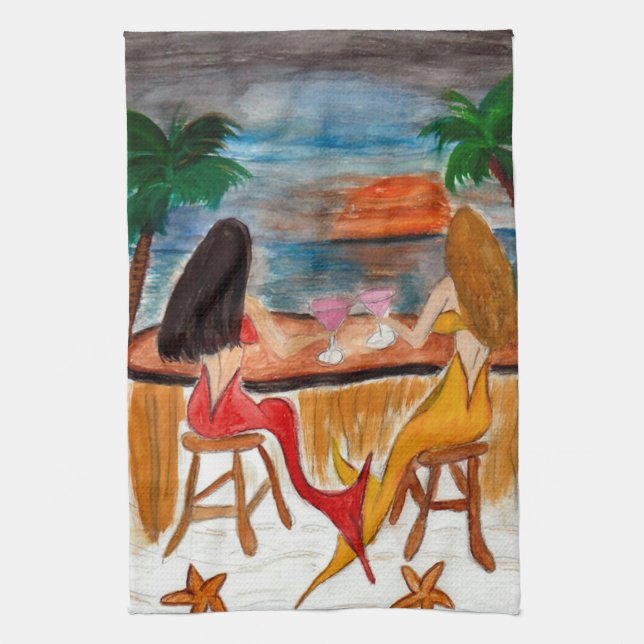 Martini Mermaids art kitchen and bath hand towels (Vertical)