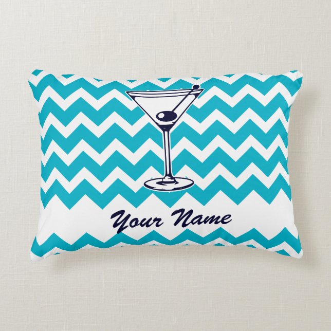 Martini Pictogram with Blue Chevron Pattern Decorative Cushion (Front)