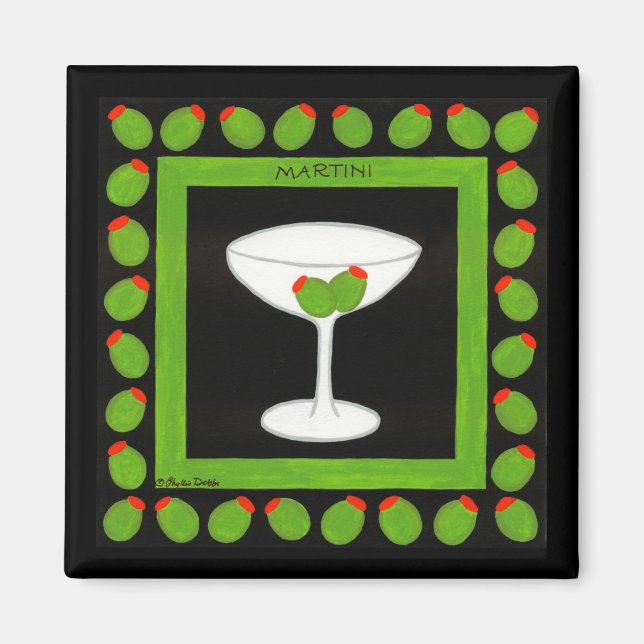 Martini Retro Drink Green Olives on Black Magnet (Front)