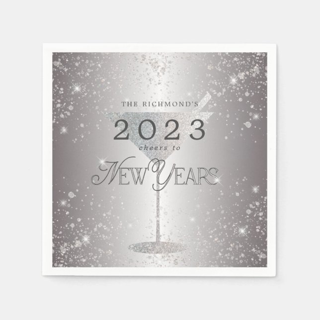 Martini Silver Glitter New Years Eve Party Napkin (Front)