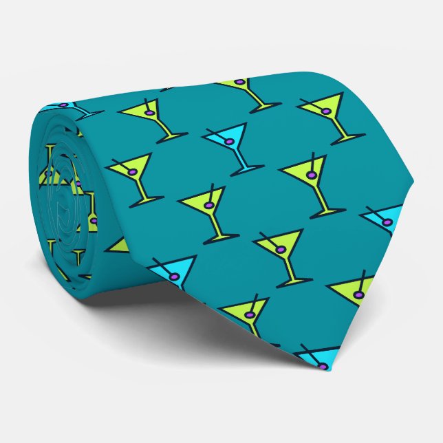 Martini Time Fifties Cocktail Teal Two-sided Tie (Rolled)