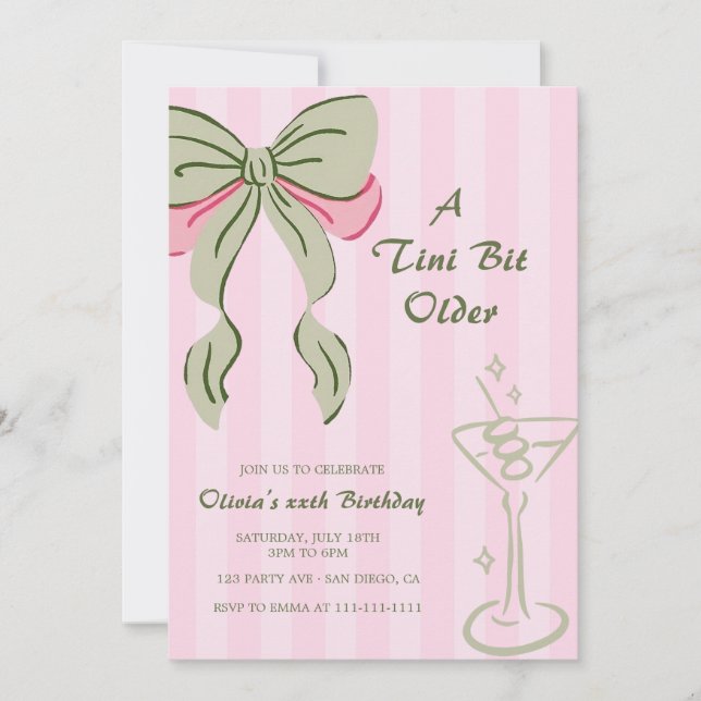 Martini Tini Bit Older Bow Adult Birthday Invitation (Front)