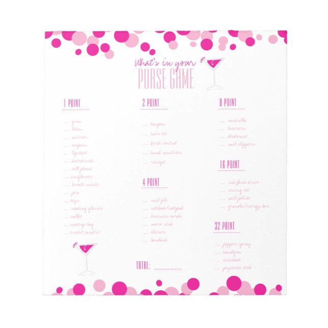 Martini What's in Your Purse Bridal Game Notepad (Front)