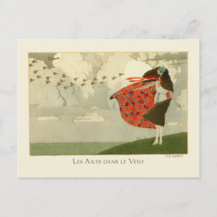 Marty Vintage Art Deco Fashion Wings in the Wind Postcard