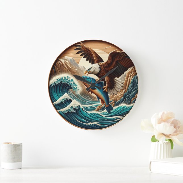 Marvellous Eagle Swooping Down to Catch Fish  Large Clock (Home)