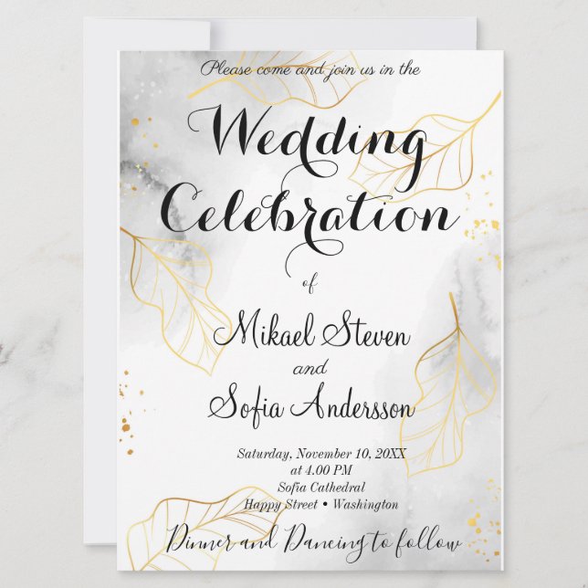 Marvellous Shinning Gold Leaves  Marble Effect Invitation (Front)