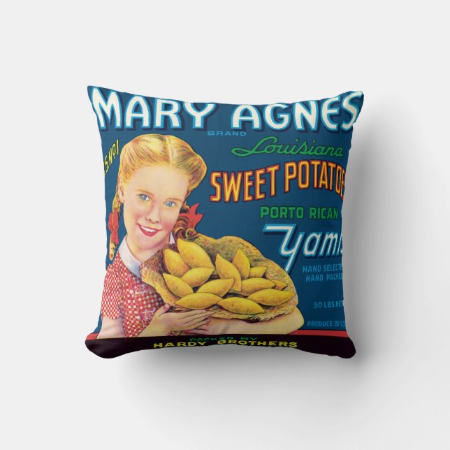 Mary Agnes Louisiana Sweet Potatoes Vintage Label Cushion (Front)