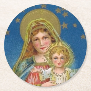 Mary and Baby Jesus Vintage Christmas Round Paper Coaster