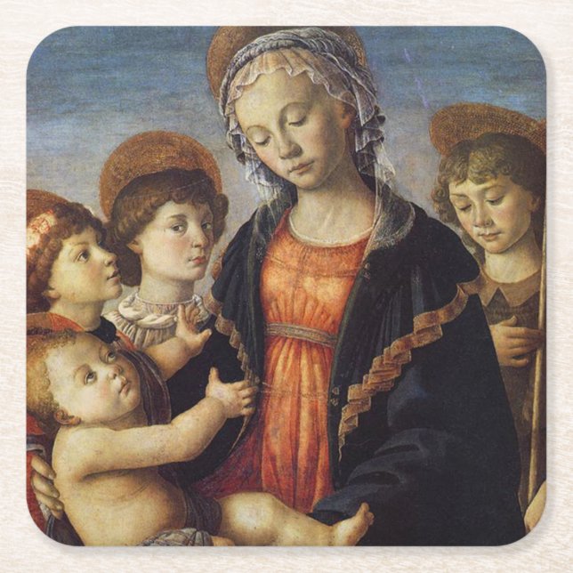 Mary and Baby Jesus With Angels Christmas Square Paper Coaster (Front)