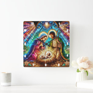 Mary And Joseph Adoring Baby Jesus Square Wall Clock