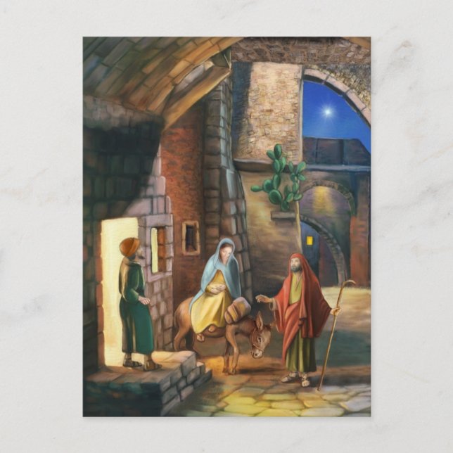 Mary and Joseph with a donkey on Christmas Eve Holiday Postcard (Front)