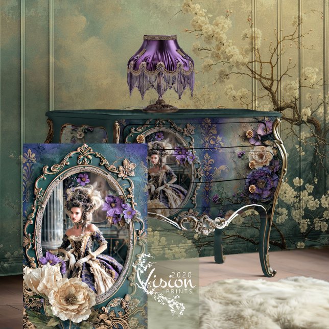 Mary Antoinette Era, High Fashion French Beauty Tissue Paper (Mary Antoinette, High Fashion Purple and Teal, Decoupage Tissue Paper.)