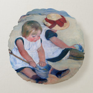 Mary Cassatt Children Playing on the Beach 1884  Round Cushion