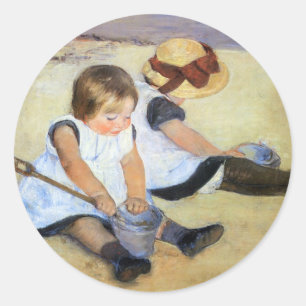 Mary Cassatt, Children Playing on the Beach, Classic Round Sticker