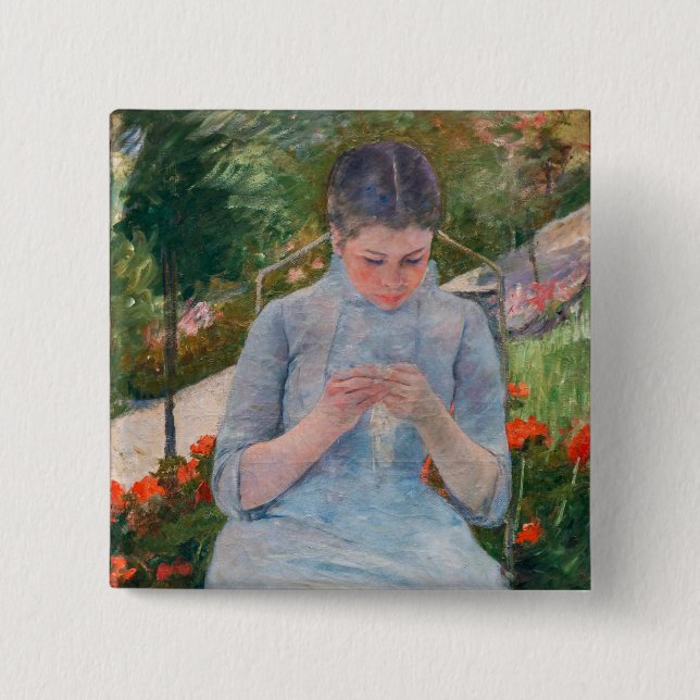 Mary Cassatt - Girl sewing in a Garden 15 Cm Square Badge (Front)