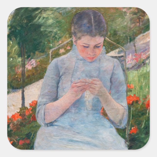 Mary Cassatt - Girl sewing in a Garden Square Sticker (Front)