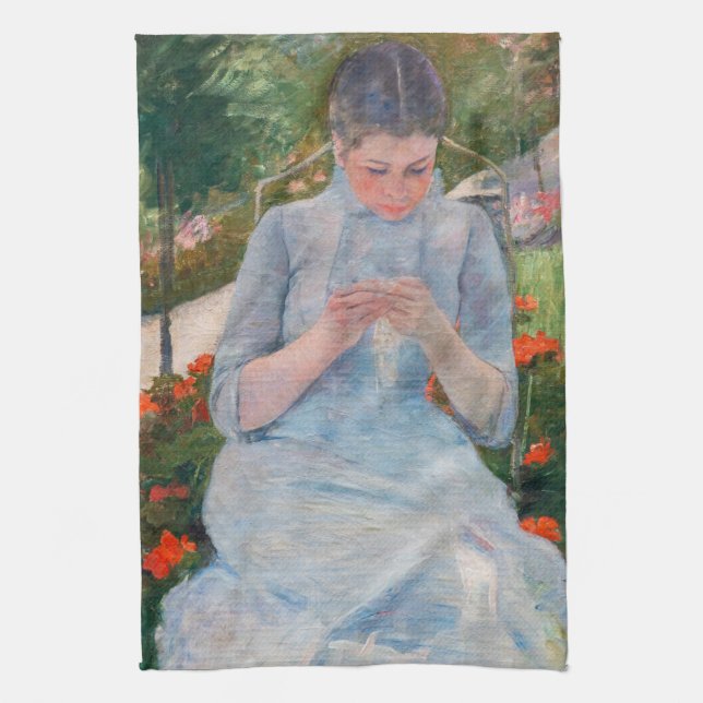 Mary Cassatt - Girl sewing in a Garden Tea Towel (Vertical)
